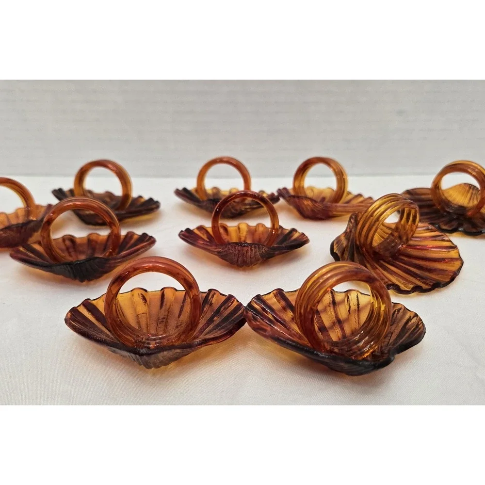 Vintage Amber Tortoiseshell Acrylic Shell Napkin Rings - Set of 10 MCM Scallop